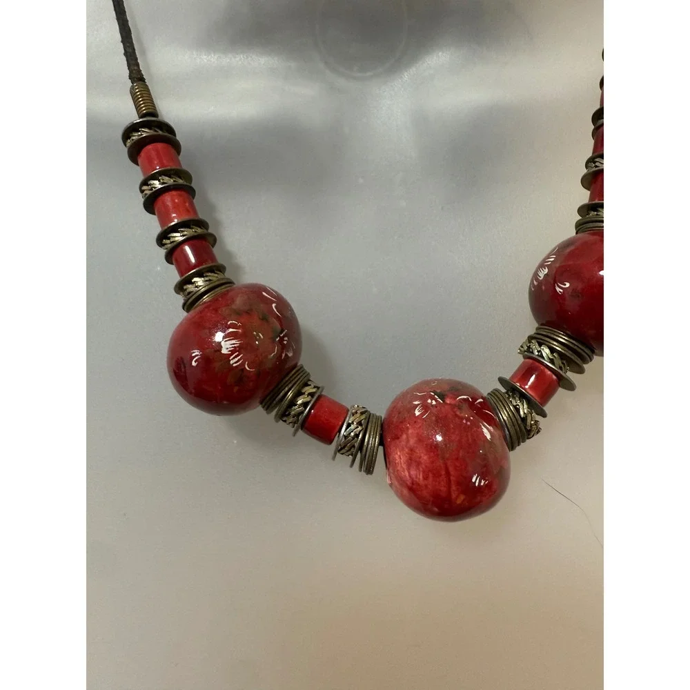 Statement Necklace Womens Vintage Red Excellent Vintage Artisan Brass Bead